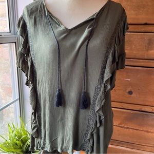 Ana XL Top Moss Green Ruffles Tassels Embroidery